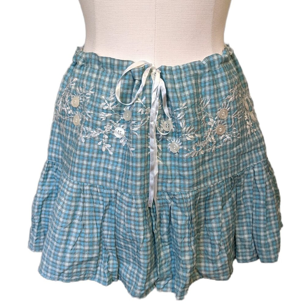 Vintage Y2K Blue Paid Mini Skirt Coquette Embroidered Ribbon Lined Button L